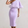 Victory | Lilac One Shoulder Midi Dress With Feather Trim