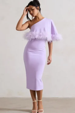 Victory | Lilac One Shoulder Midi Dress With Feather Trim