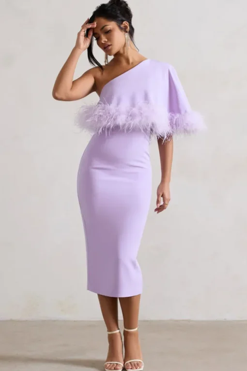 Victory | Lilac One Shoulder Midi Dress With Feather Trim