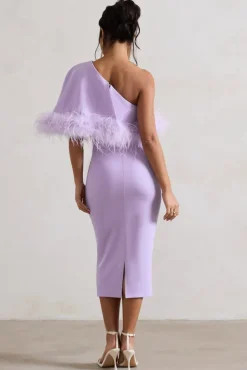 Victory | Lilac One Shoulder Midi Dress With Feather Trim
