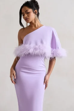 Victory | Lilac One Shoulder Midi Dress With Feather Trim