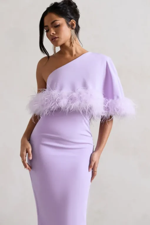 Victory | Lilac One Shoulder Midi Dress With Feather Trim