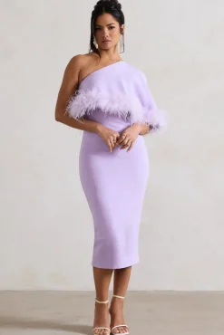 Victory | Lilac One Shoulder Midi Dress With Feather Trim