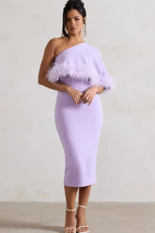 Victory | Lilac One Shoulder Midi Dress With Feather Trim