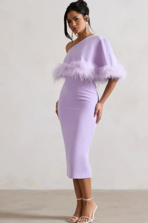 Victory | Lilac One Shoulder Midi Dress With Feather Trim