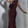 Vienne | Dark Plum One Shoulder Ruffle Split Maxi Dress