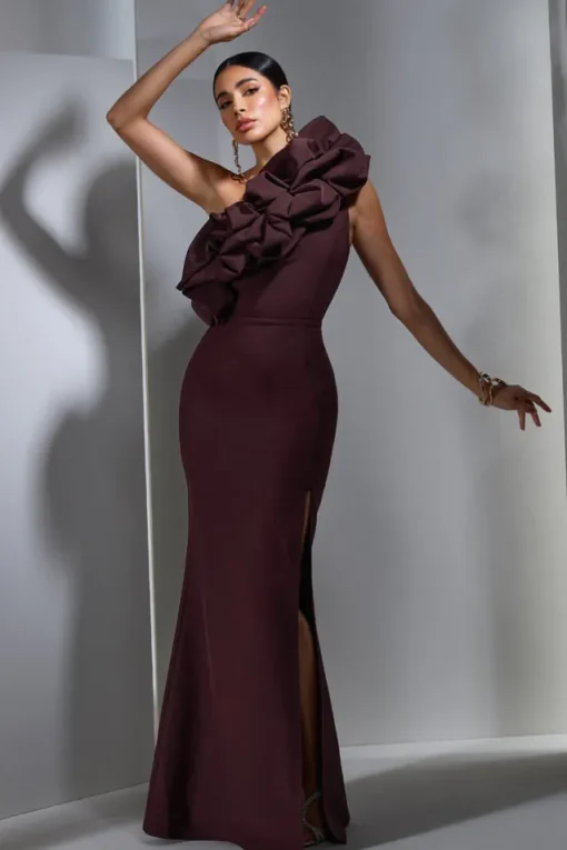 Vienne | Dark Plum One Shoulder Ruffle Split Maxi Dress