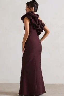 Vienne | Dark Plum One Shoulder Ruffle Split Maxi Dress