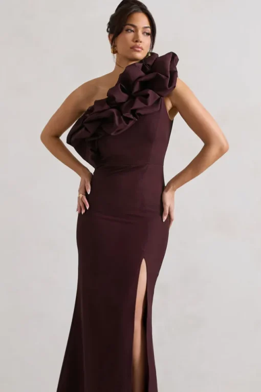 Vienne | Dark Plum One Shoulder Ruffle Split Maxi Dress