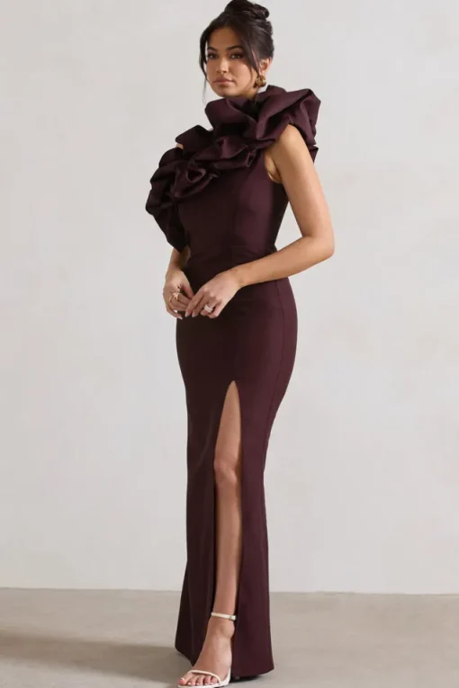 Vienne | Dark Plum One Shoulder Ruffle Split Maxi Dress