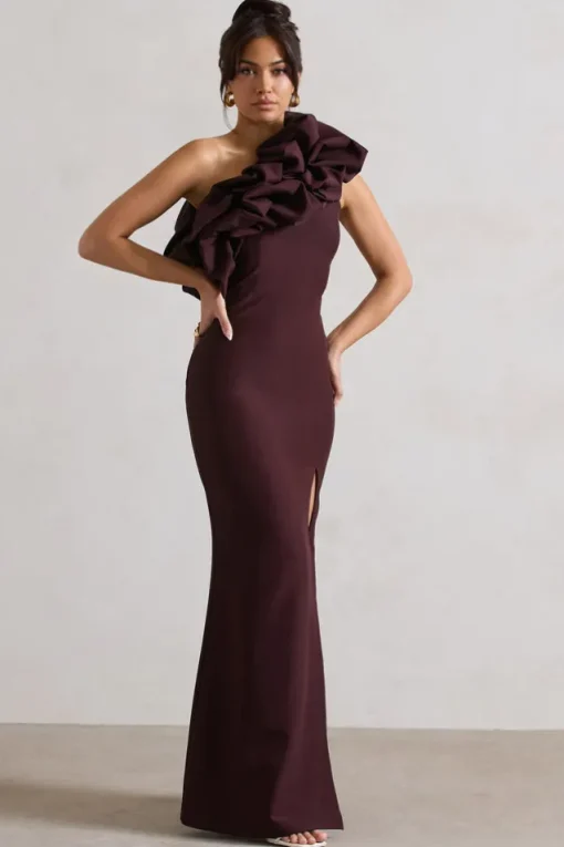 Vienne | Dark Plum One Shoulder Ruffle Split Maxi Dress