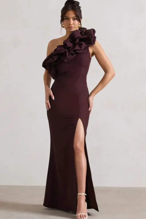 Vienne | Dark Plum One Shoulder Ruffle Split Maxi Dress