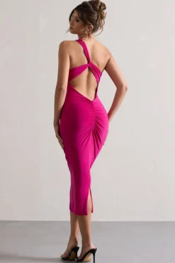 Vineyard | Hot Pink Asymmetric Backless Bodycon Midi Dress