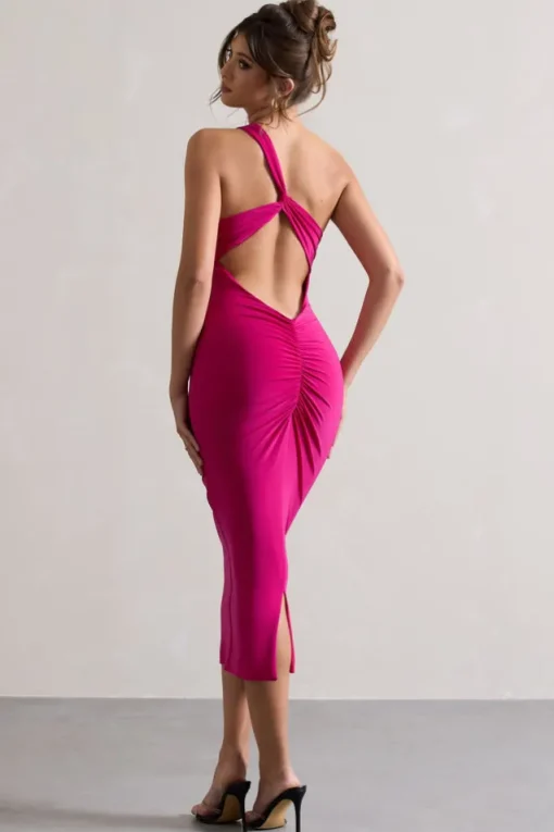 Vineyard | Hot Pink Asymmetric Backless Bodycon Midi Dress