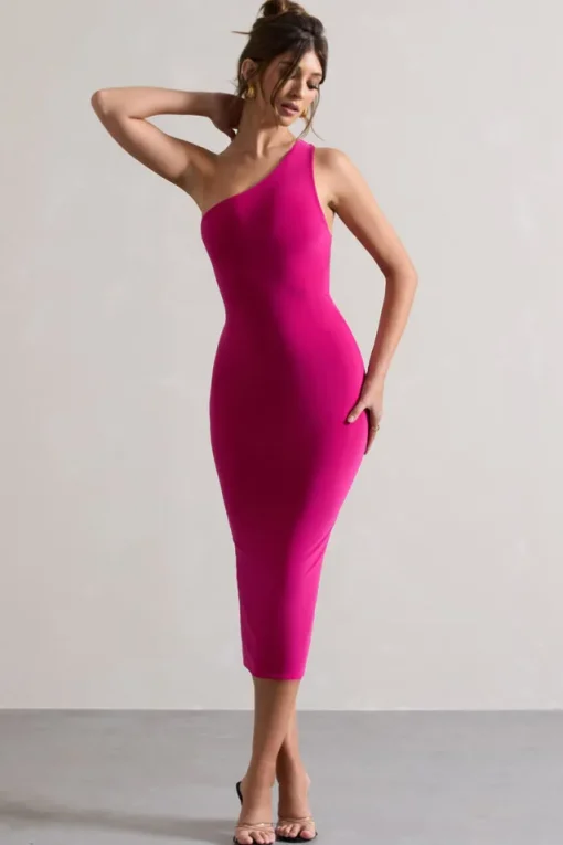 Vineyard | Hot Pink Asymmetric Backless Bodycon Midi Dress