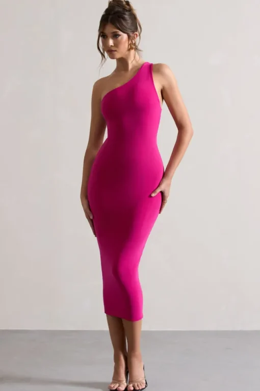 Vineyard | Hot Pink Asymmetric Backless Bodycon Midi Dress