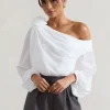 Violeta | White One-Shoulder Puff-Sleeve Bodysuit With Corsage