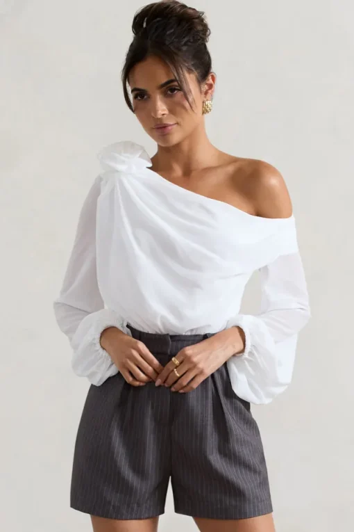 Violeta | White One-Shoulder Puff-Sleeve Bodysuit With Corsage