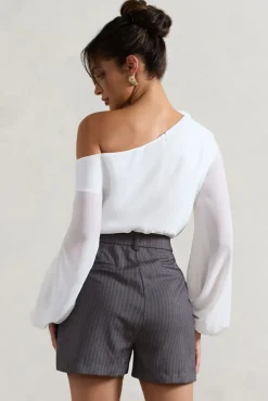 Violeta | White One-Shoulder Puff-Sleeve Bodysuit With Corsage