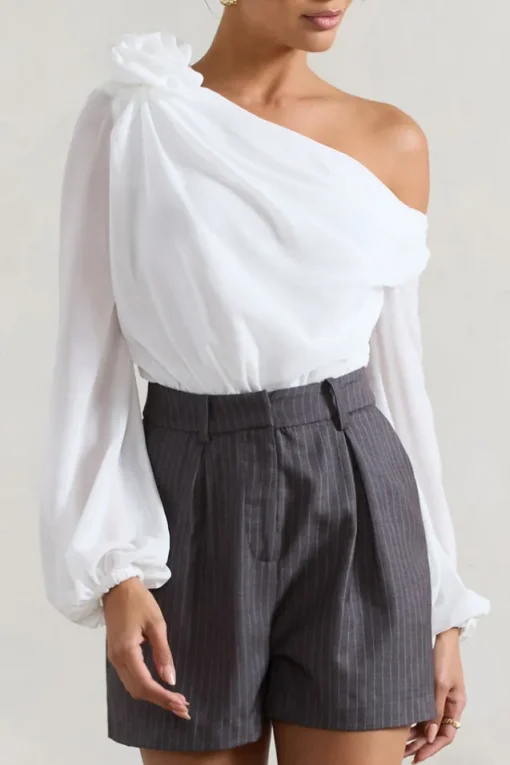 Violeta | White One-Shoulder Puff-Sleeve Bodysuit With Corsage