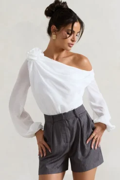 Violeta | White One-Shoulder Puff-Sleeve Bodysuit With Corsage