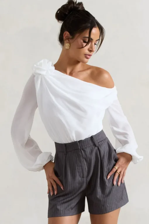 Violeta | White One-Shoulder Puff-Sleeve Bodysuit With Corsage
