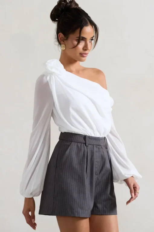 Violeta | White One-Shoulder Puff-Sleeve Bodysuit With Corsage