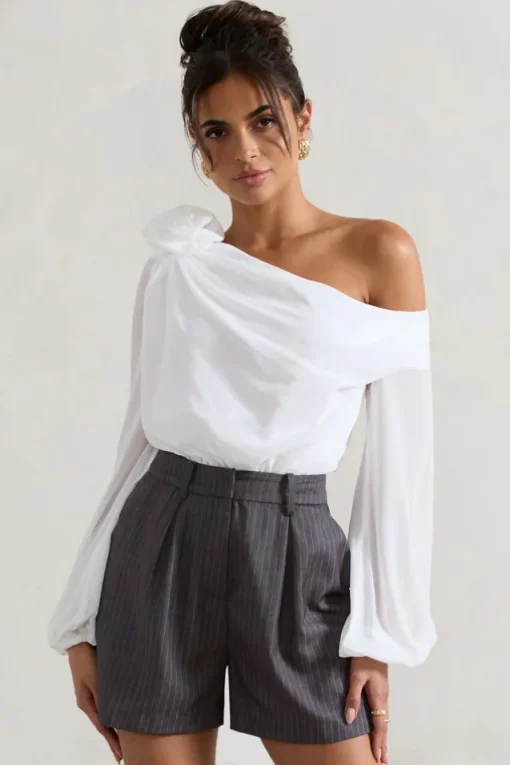 Violeta | White One-Shoulder Puff-Sleeve Bodysuit With Corsage