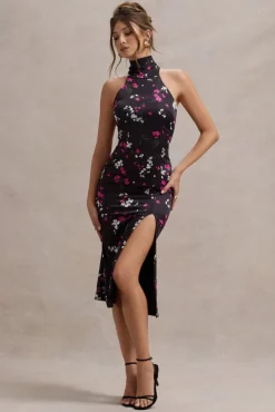 Violette | Black Ditsy Floral Print Satin High-Neck Split Midi Dress