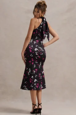 Violette | Black Ditsy Floral Print Satin High-Neck Split Midi Dress