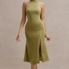 Violette | Olive Satin High-Neck Split Midi Dress