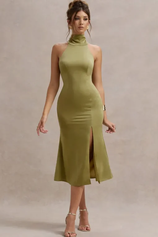 Violette | Olive Satin High-Neck Split Midi Dress