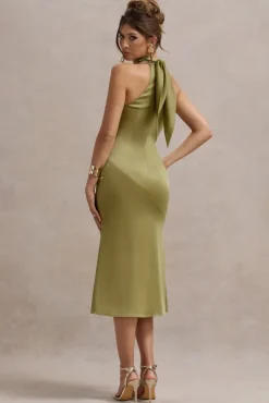 Violette | Olive Satin High-Neck Split Midi Dress