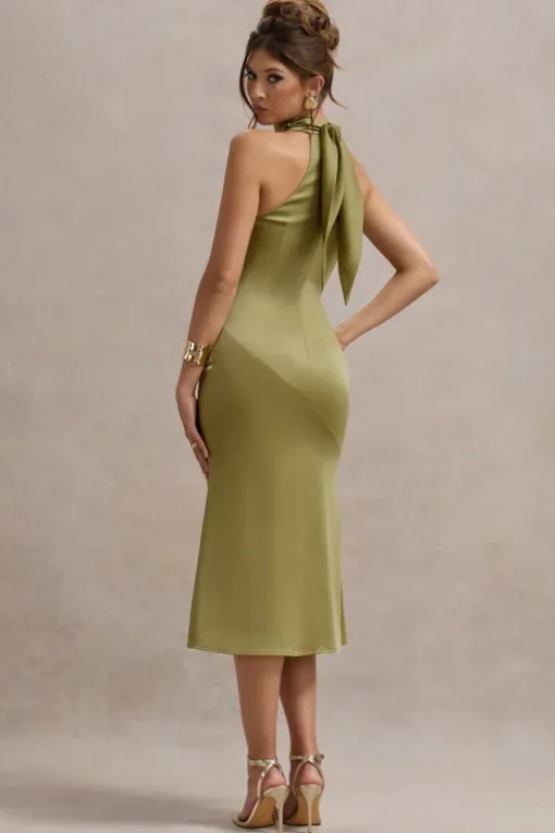 Violette | Olive Satin High-Neck Split Midi Dress