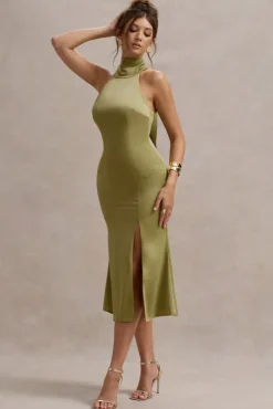 Violette | Olive Satin High-Neck Split Midi Dress