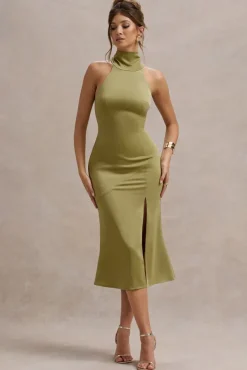 Violette | Olive Satin High-Neck Split Midi Dress