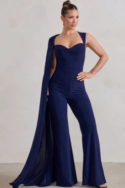 Vivi | Navy Asymmetric Cape Sleeve Jumpsuit