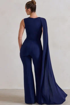 Vivi | Navy Asymmetric Cape Sleeve Jumpsuit
