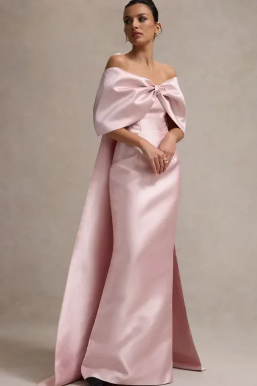 Wanting More | Pink Satin Cape Maxi Dress With Oversized Bow