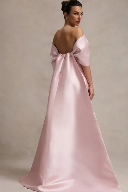 Wanting More | Pink Satin Cape Maxi Dress With Oversized Bow