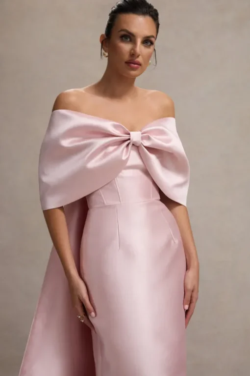 Wanting More | Pink Satin Cape Maxi Dress With Oversized Bow