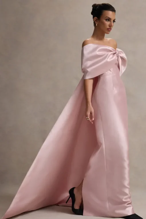 Wanting More | Pink Satin Cape Maxi Dress With Oversized Bow