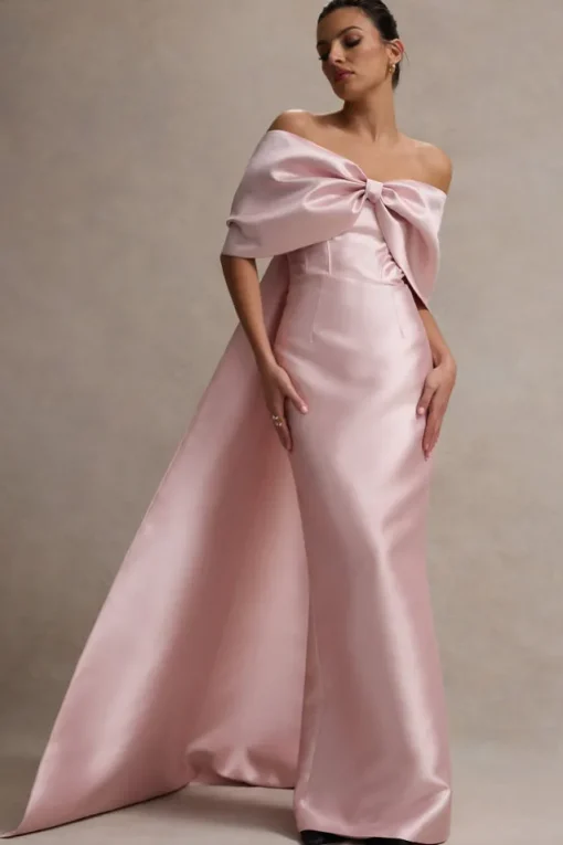 Wanting More | Pink Satin Cape Maxi Dress With Oversized Bow