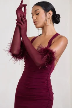 Watch u0026 Wave | Burgundy Sheer Long Feather Gloves