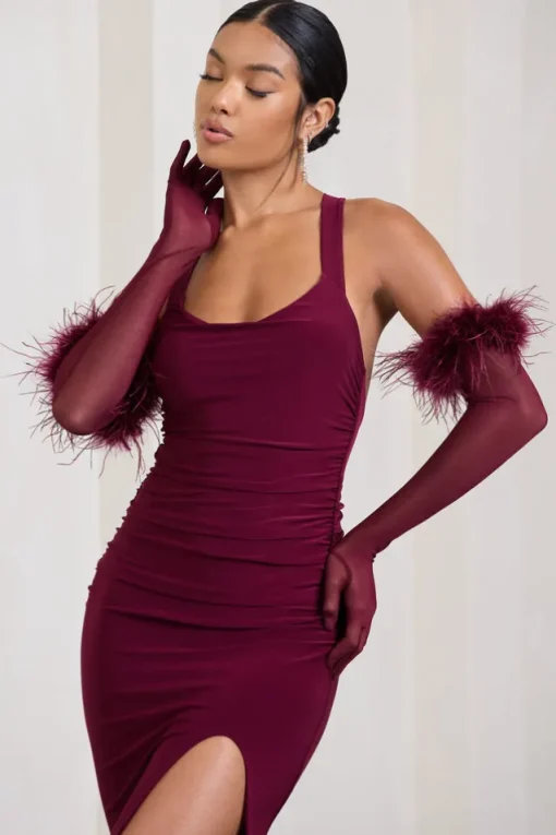 Watch u0026 Wave | Burgundy Sheer Long Feather Gloves