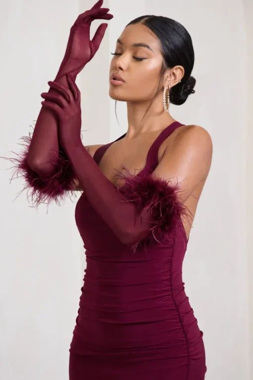 Watch u0026 Wave | Burgundy Sheer Long Feather Gloves
