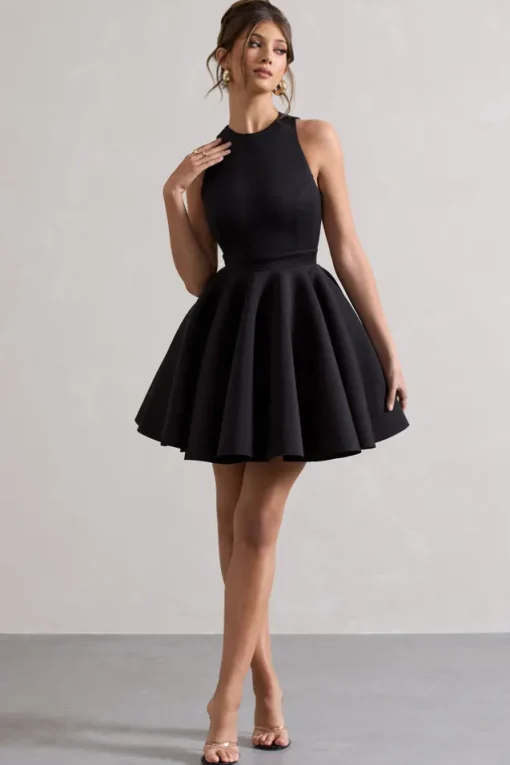 Waverly | Black Racer-Neck Sleeveless Skater Mini Dress