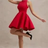 Waverly | Red Racer-Neck Sleeveless Skater Mini Dress