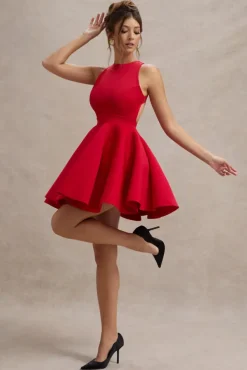Waverly | Red Racer-Neck Sleeveless Skater Mini Dress