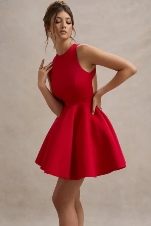 Waverly | Red Racer-Neck Sleeveless Skater Mini Dress